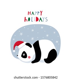 Happy Holidays. Creative hand drawn card for winter holidays with cute sleeping panda. Vector cartoon illustration. Hand drawn typography poster. Xmas design. Bright colors