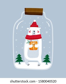 Happy Holidays. Creative hand drawn card for winter holidays with cute bear. Vector cartoon illustration. Hand drawn typography poster. Xmas design. Bright colors