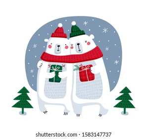 Happy Holidays. Creative hand drawn card for winter holidays with 2 cute bears. Vector cartoon illustration. Hand drawn typography poster. Xmas design. Bright colors