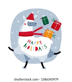 Happy Holidays. Creative hand drawn card for winter holidays with cute dancing lama. Vector cartoon illustration. Hand drawn typography poster. Xmas design. Bright colors