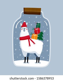 Happy Holidays. Creative hand drawn card for winter holidays with cute lama. Vector cartoon illustration. Hand drawn typography poster. Xmas design. Bright colors