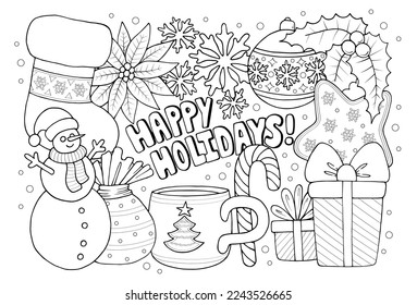 Happy holidays cute anti stress coloring sheet for adult and kids. Hand drawn winter holiday themed coloring book page with cozy Christmas objects, vector illustration