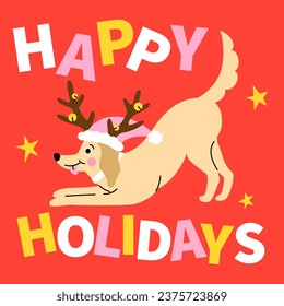 Happy Holidays. Cute cartoon golden retriever puppy with a pink hat and reindeer horns. Hand drawn vector illustration. Funny Christmas dog character card template.