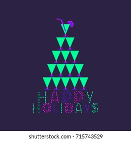 Happy Holidays cute fancy letters hand drawn text. Invitation card colorful neon headline. Cocktail glasses Christmas  tree. Holiday playful poster. Vector festive party decoration banner background
