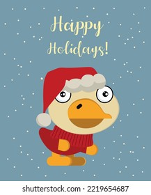 Happy Holidays with a cute flat design Duck with a Santa hat and Sweater