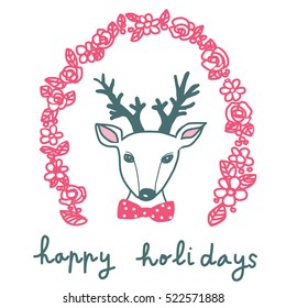 Happy Holidays! Cute reindeer with polka dot bow tie surrounding with floral frame. Holiday season card. Vector illustration.