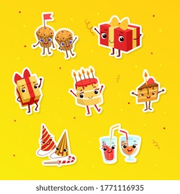 Happy Holidays Cute Stickers, Badges or Patches, Cute Birthday Party Elements Characters Vector Illustration