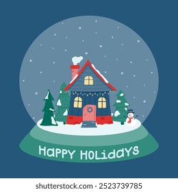 Happy holidays. Cute winter house. Glass ball with a decorated house on the background of falling snow, fir trees and a snowman. Vector illustration in a flat style.