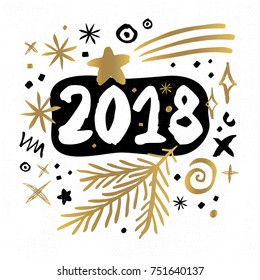 Happy Holidays Date New Year sketch style Christmas quote lettering Typography greeting card Gold black white doodles trendy elements. Hand drawn vector illustration.