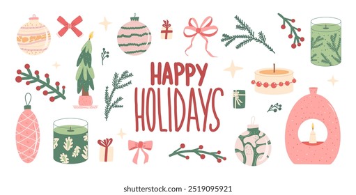 Happy Holidays decoration collection. Christmas balls and toys, bows and festive candles. Vector hand drawn flat set illustration isolated on white background.