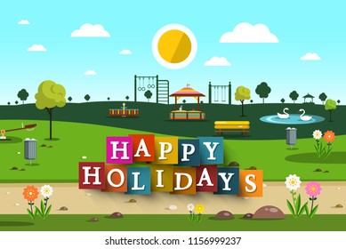 Happy Holidays Design with Empty Playground on Park on Background