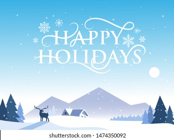 Happy holidays design poster vector illustration. Greeting postcard with snowy picturesque mountains, trees, snowflakes and magic deer. Merry Christmas concept