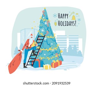 Happy holidays design with santa carrying sack bag putting gift under Christmas fir tree over cityscape on background