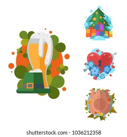 Happy holidays different icons vector holidays symbols decoration traditional celebration gift badge.