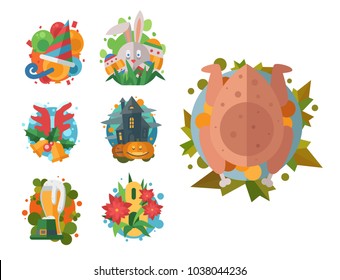 Happy holidays different icons vector holidays symbols decoration traditional celebration gift badge.