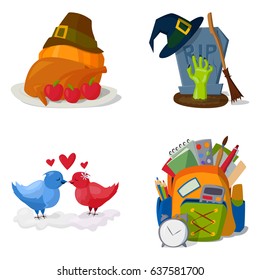 Happy holidays different icons vector holidays symbols decoration traditional celebration gift badge.