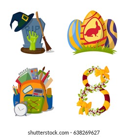 Happy holidays different icons vector holidays symbols decoration traditional celebration gift badge.