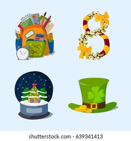 Happy holidays different icons vector holidays symbols decoration traditional celebration gift badge.