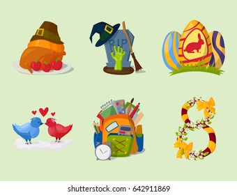 Happy holidays different icons vector holidays symbols decoration traditional celebration gift badge.