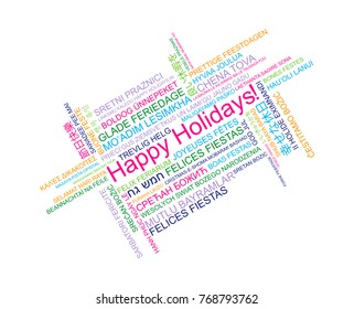 Happy Holidays in different languages, celebration word tag cloud greeting card, vector art