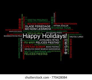 Happy Holidays in different languages, celebration word tag cloud greeting card, vector art