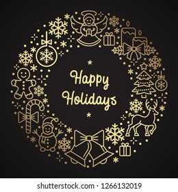 Happy Holidays elegant greeting card in Gold/Black linear style