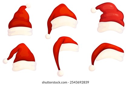 Happy holidays elements collection. Santa hat cartoon illustration set.