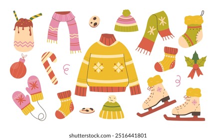 Happy holidays elements set. Christmas set jumper, mittens, mush, skates