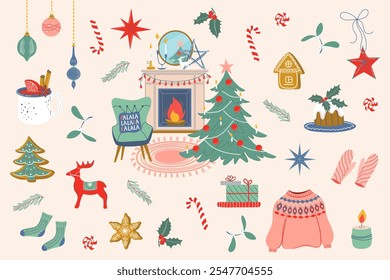 Happy holidays elements set. Cozy Winter and Christmas elements collection. Cute vintage xmas objects. Hand drawn flat design vector illustrations.