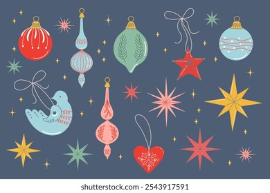 Happy holidays elements set. Cute vintage Christmas baubles, stars and toys. Scandinavian Xmas objects for interior decoration. Hand drawn flat design vector illustration.
