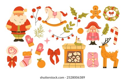 happy holidays elements set. Hand-drawn cute Christmas stickers