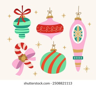 Happy Holidays Elements Set. Retro Christmas Decoration. Vector Illustration.	