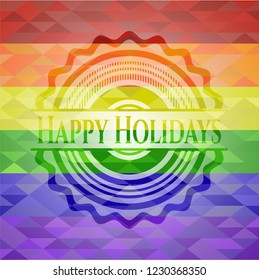 Happy Holidays emblem on mosaic background with the colors of the LGBT flag