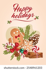 Happy Holidays Festive Card Design with Gingerbread Cookies, Candy Cane, Jingle Bells, Cinnamon, Star Anise, Pine Cone and Fir Branches Graphic Composition