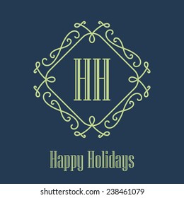 Happy holidays festive Card, monograms style. Lineart vector holiday poster. Elegant vintage label.