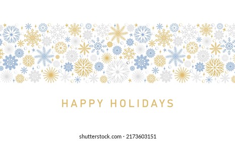 Happy Holidays festive design. Merry Christmas and Happy New Year border made of beautiful snowflakes in modern line art style on white background. Xmas decoration with falling snow. Vector