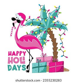 Happy Holidays - flamingo in Santa hat, and with candy cane, palm tree with christmas lights and gift boxes. Good for T shirt print, greeting card, poster, label, and other decoration.