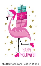 Happy Holidays - flamingo in Santa hat, and with Christmas presents. Good for T shirt print, greeting card, poster, label, and other decoration.