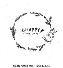 Happy Holidays Floral Wreath. Hand Sketched Vintage Wreath. Christmas Wreath Clipart