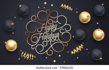 Happy Holidays flourish golden calligraphy lettering of swash line gold typography for Christmas greeting card design. Vector festive golden decoration and New Year text on holiday black background