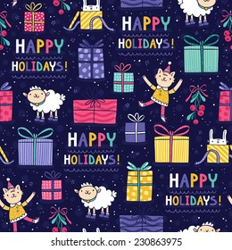 Happy holidays fun vector seamless pattern on blue background with cute cartoon characters, lettering and presents