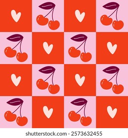 Happy holidays geometric background. Retro style Valentine's Day seamless pattern. Cute vintage checkered print. Flat design vector illustration.