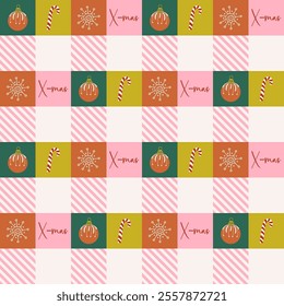 Happy holidays geometric background. Seamless pattern with cute Christmas elements on checkerboard backdrop. Square Winter holiday banner. Retro design Xmas print. Flat style vector illustration.