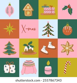 Happy holidays geometric background. Square bright Christmas seamless pattern. Winter holiday banner. Retro design Xmas print. Flat style hand drawn vector illustration for poster, card, invitation.
