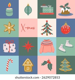 Happy holidays geometric background. Square Christmas seamless pattern. Winter holiday banner. Retro design Xmas print. Flat style hand drawn vector illustration for poster, card, invitation. 