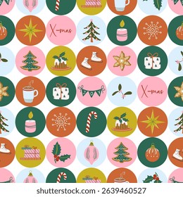Happy holidays geometric pattern. Circles ornament bright Christmas print. Winter holiday background. Retro design Xmas decor. Flat style hand drawn vector illustration for poster, card, invitation. 