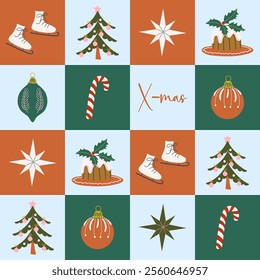 Happy holidays geometric seamless pattern. Vintage Winter holiday checkered background. Christmas poster or banner. Retro design Xmas print. Flat style hand drawn vector illustration. 