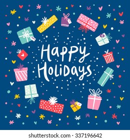 Happy holidays gift frame card on blue background