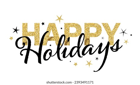 HAPPY HOLIDAYS gold glitter and black vector typography banner