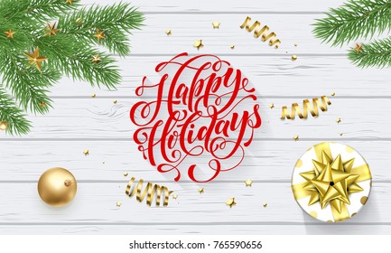 Happy holidays golden decoration, greeting card calligraphy font on white wooden background. Vector Christmas tree and New Year gift winter holiday gold star shiny confetti decoration